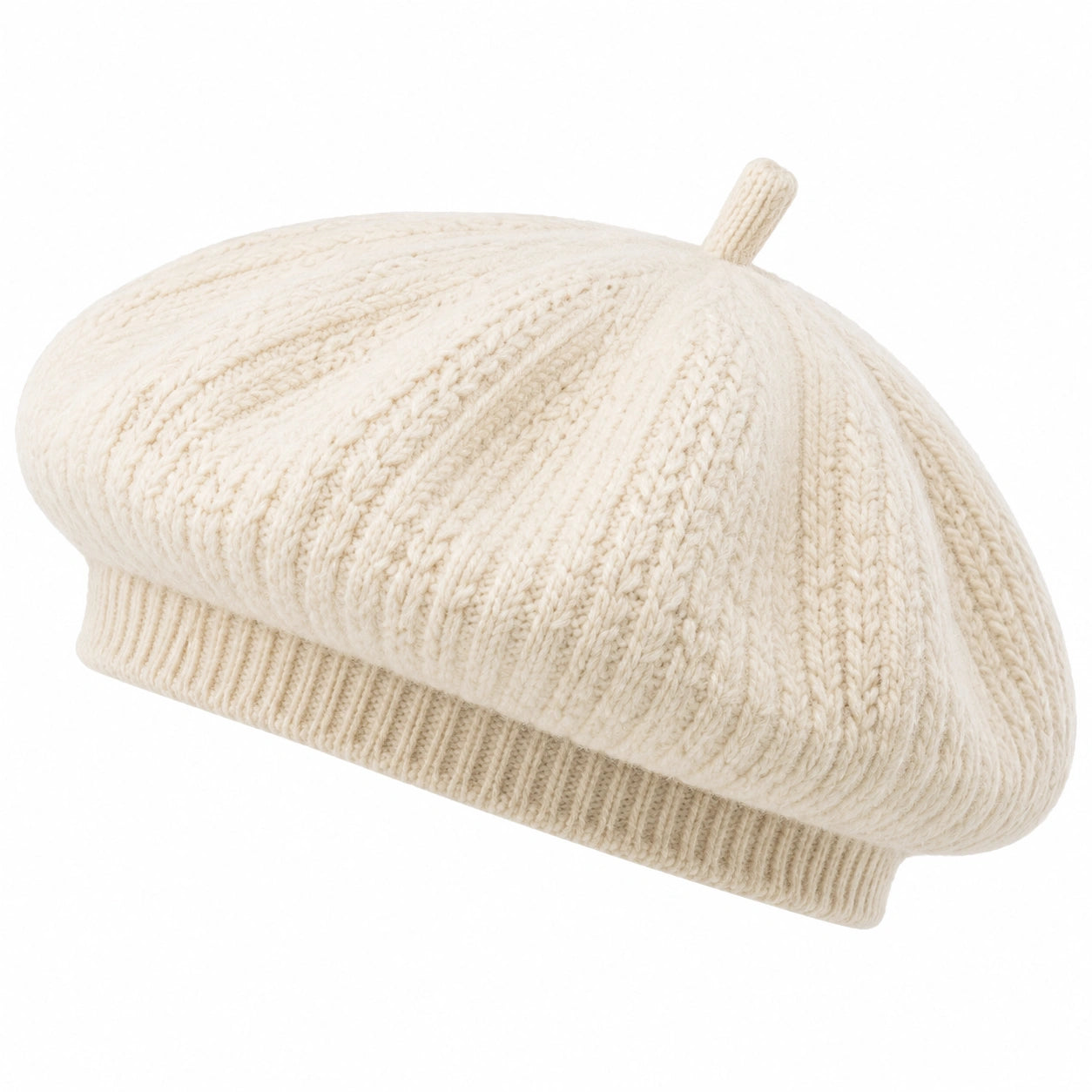 Baskenmütze Einheitsgröße in Creme mit Strickstruktur und Rippbündchen