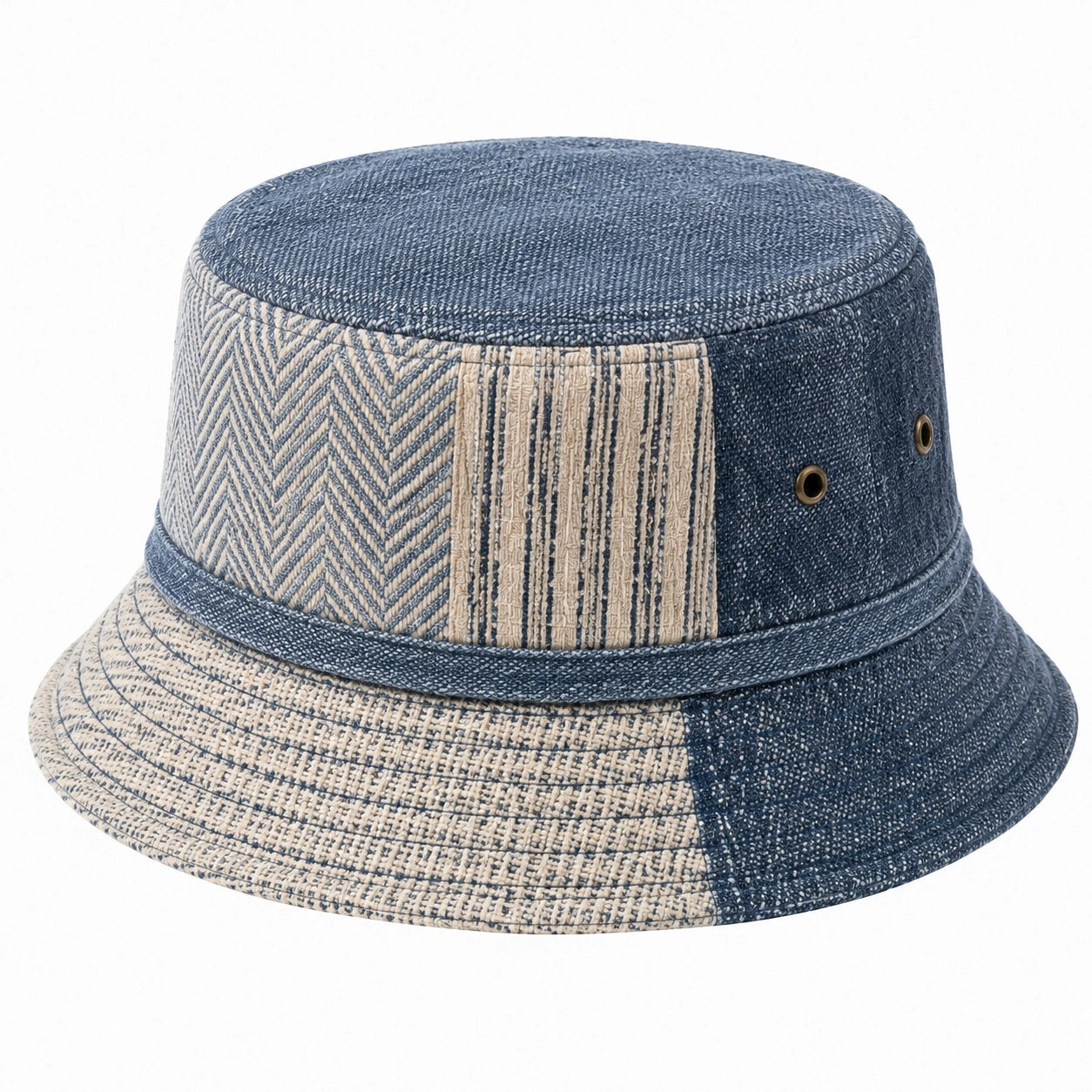 Bucket Hat Einheitsgröße Webstoff Blau Beige für Alltag im Patchwork-Stil