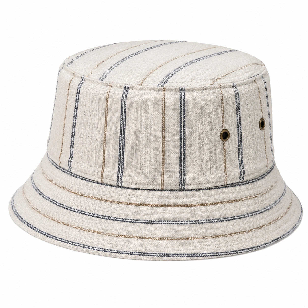 Fischerhut Einheitsgröße aus Textilgewebe in Beige/Blau gestreift mit Belüftungsösen