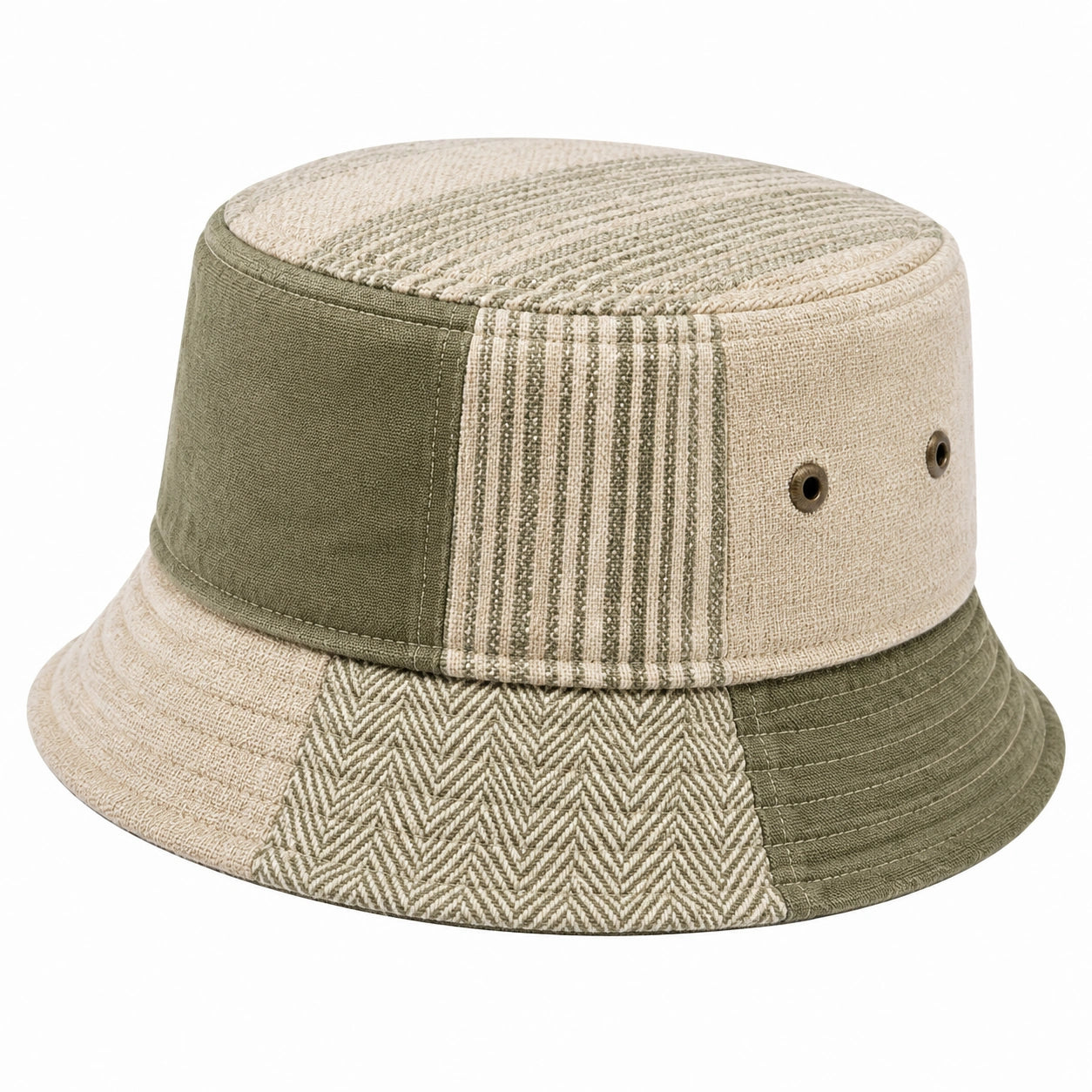 Bucket Hat Einheitsgröße aus Baumwollgewebe in Olivgrün und Beige mit Patchworkmuster