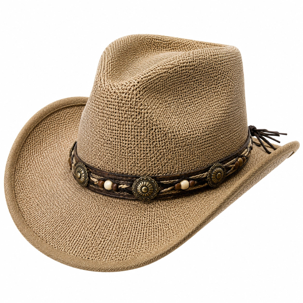Cowboyhut Einheitsgröße Beige geflochtenes Material mit Zierband für Freizeit