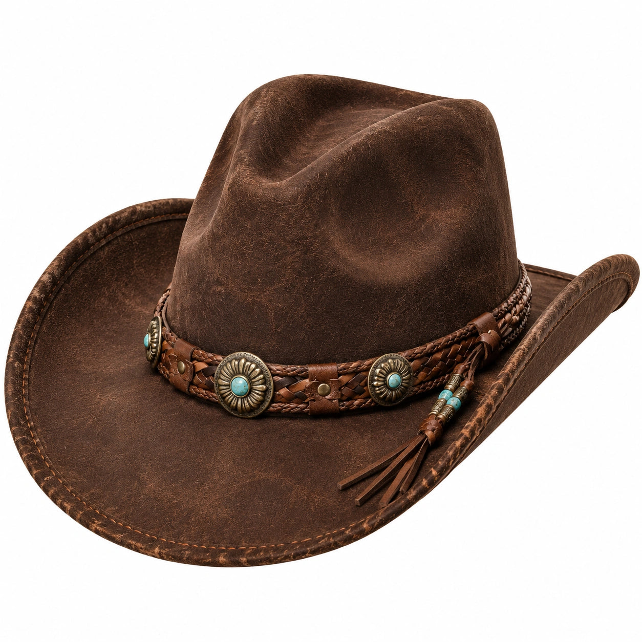 Cowboyhut Einheitsgröße braun in Lederoptik mit geflochtenem Hutband
