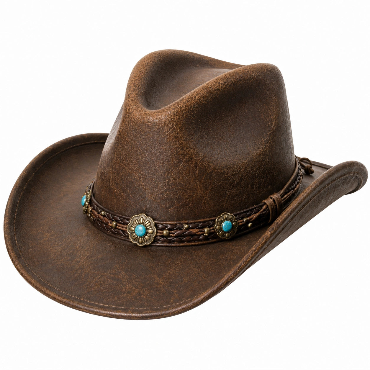 Cowboyhut Einheitsgröße braun in Lederoptik mit Hutband im Westernstil