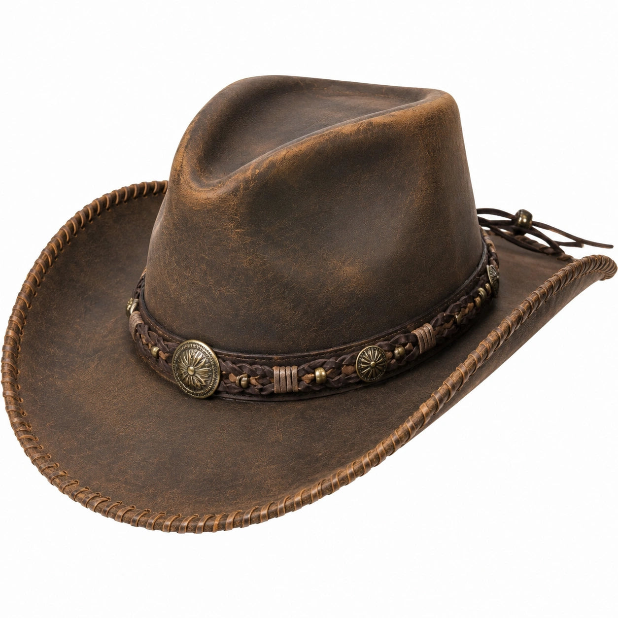 Cowboyhut Einheitsgröße braun in Lederoptik mit geflochtenem Hutband im Westernstil
