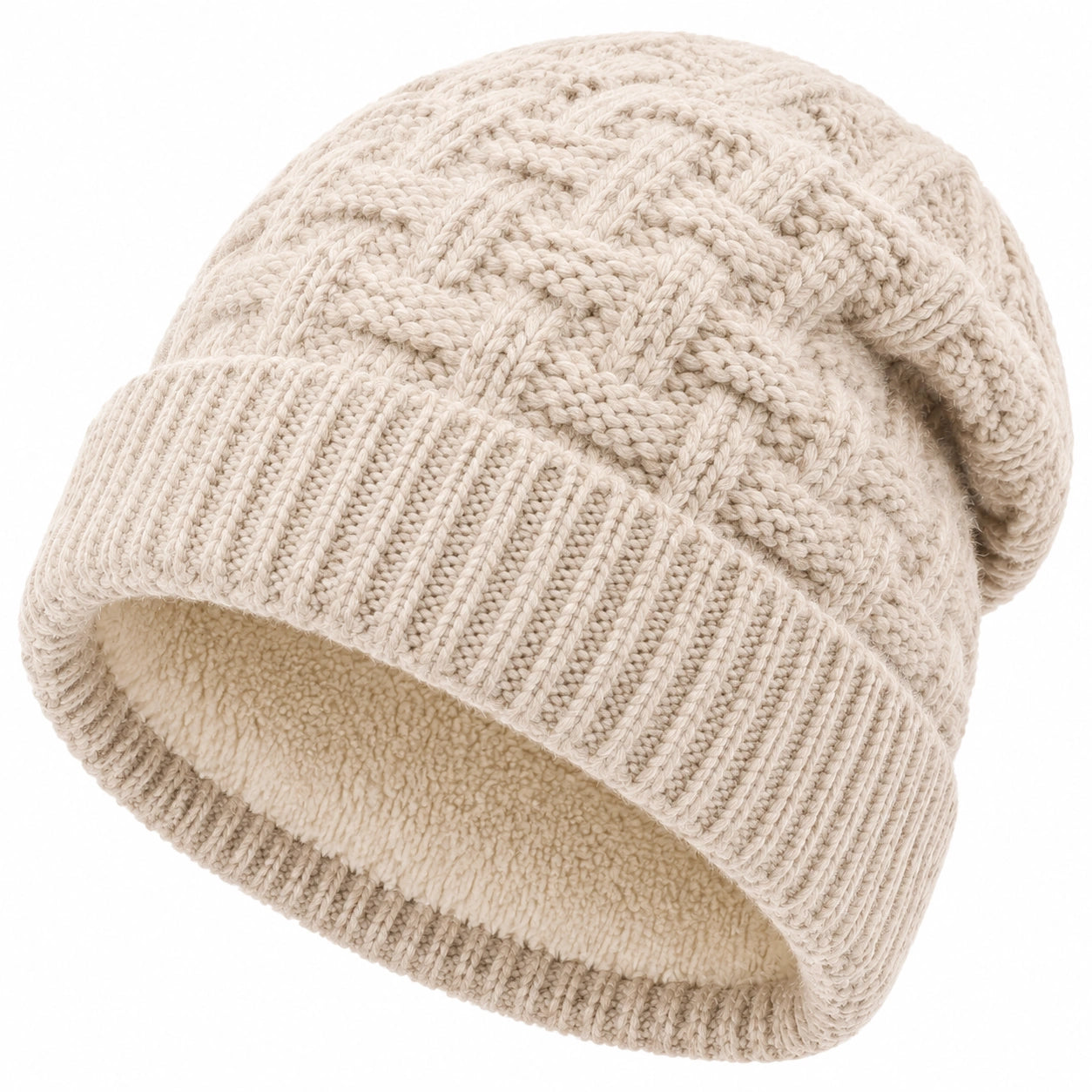 Strickmütze Einheitsgröße aus Strickmaterial Creme mit Fleecefutter für den Winter