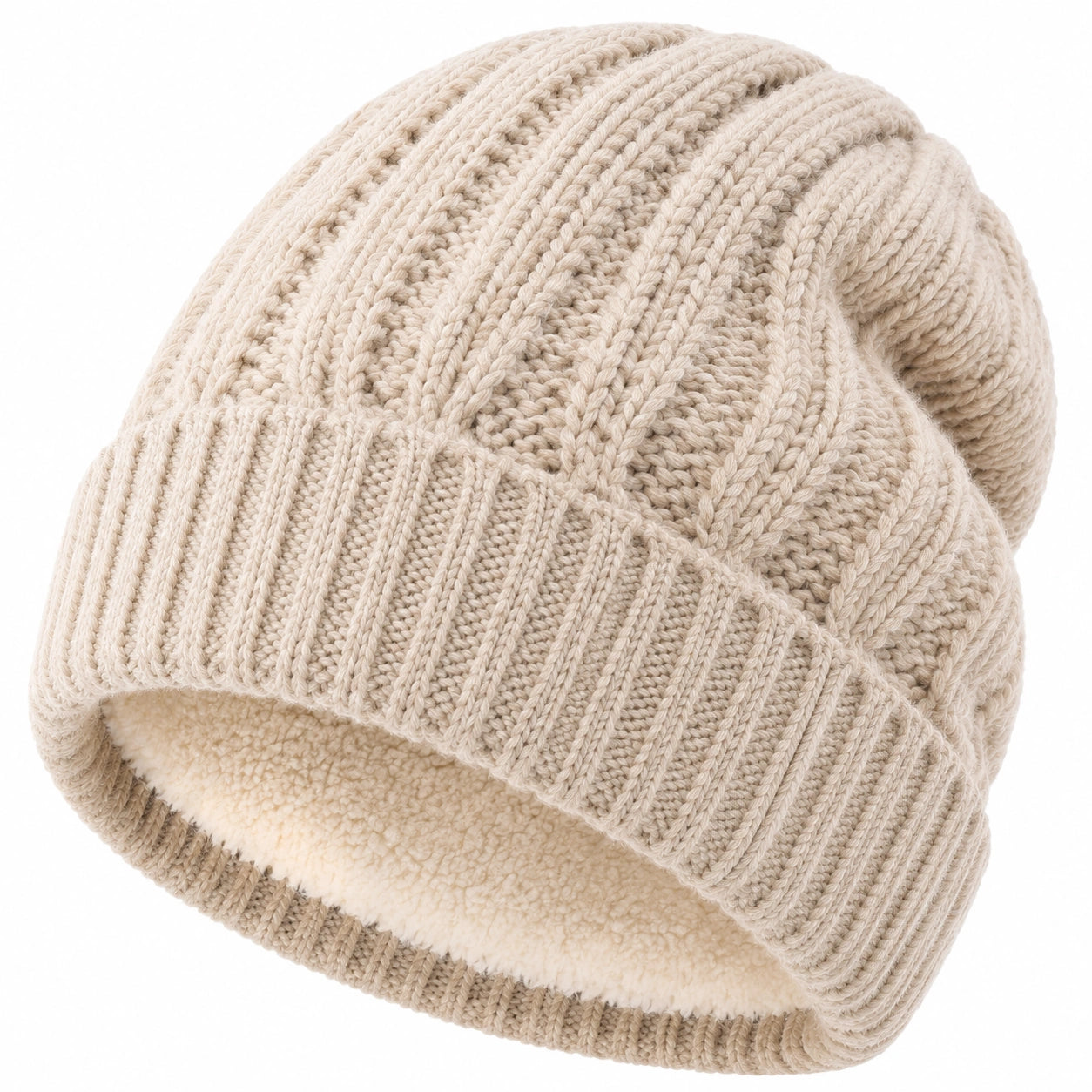 Strickmütze Einheitsgröße Beige mit Fleecefütterung gerippt
