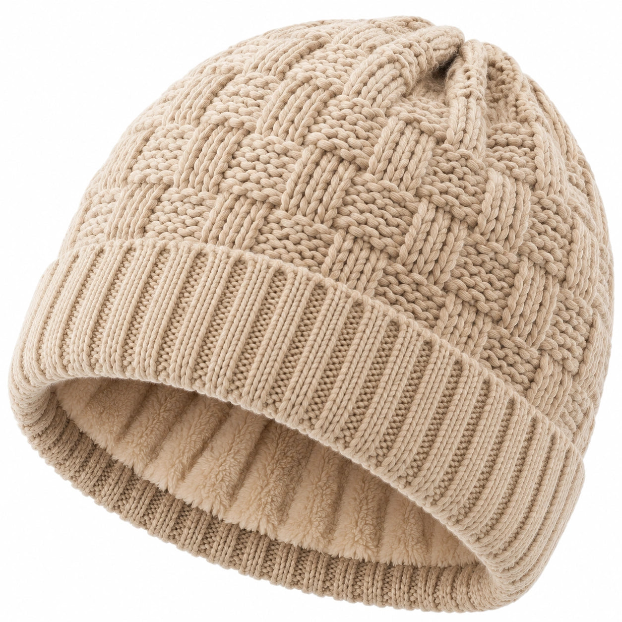 Strickmütze Einheitsgröße Beige mit Fleece Futter Zopfmuster Winter