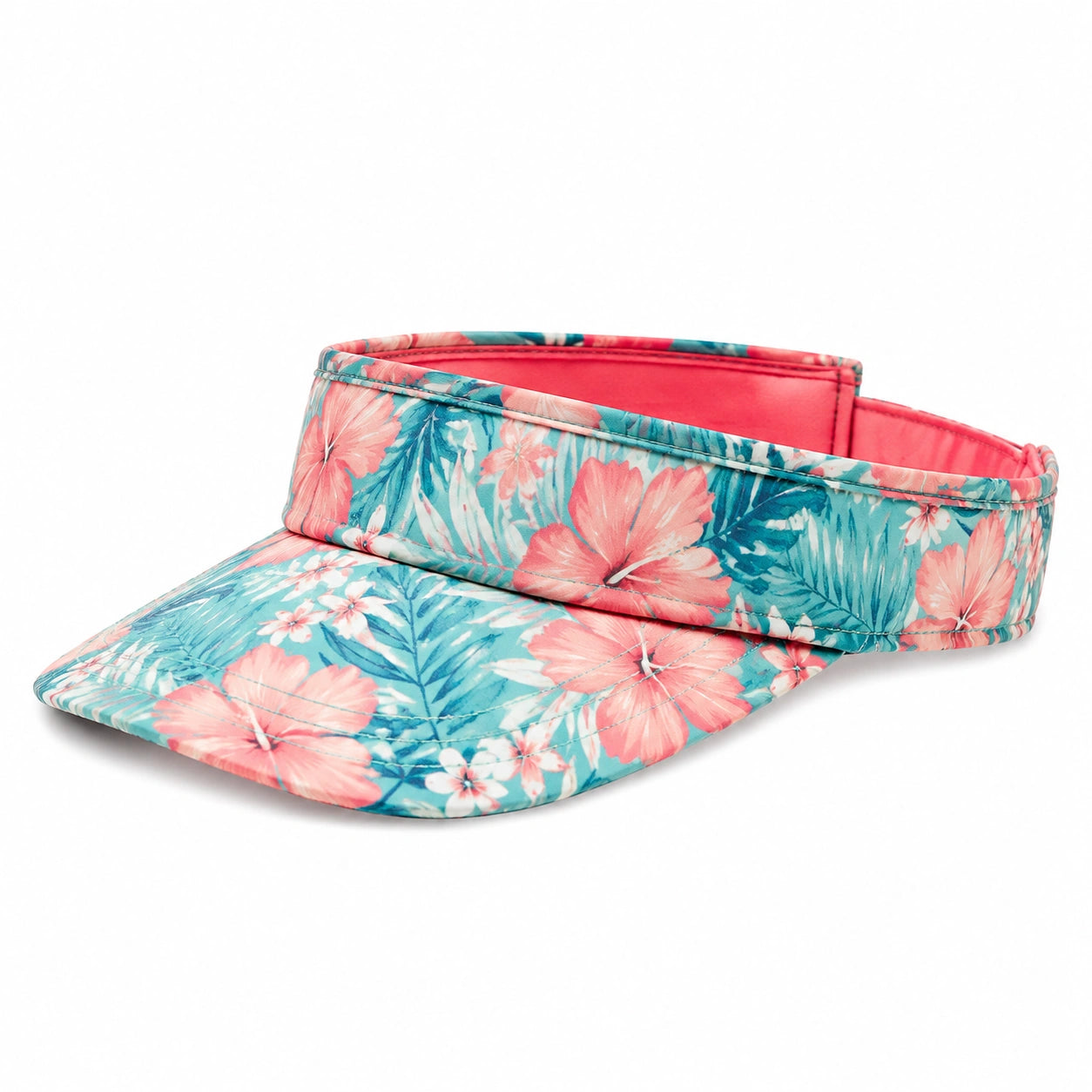 Damen Sonnenvisier Einheitsgröße aus Textil in Türkis Rosa mit Blumenmuster
