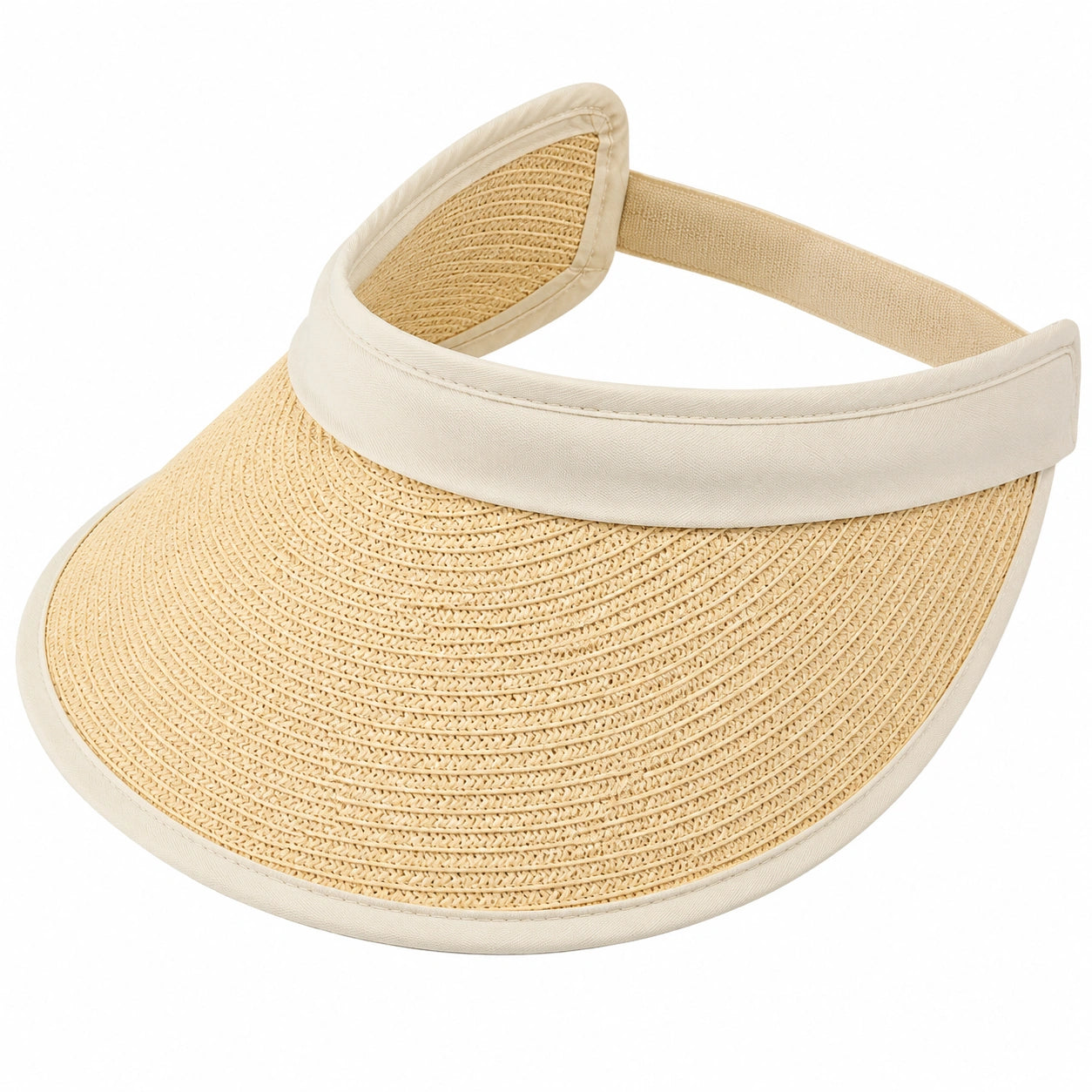 Sonnenblende Einheitsgröße aus geflochtenem Stroh und Textil in Beige mit elastischem Band